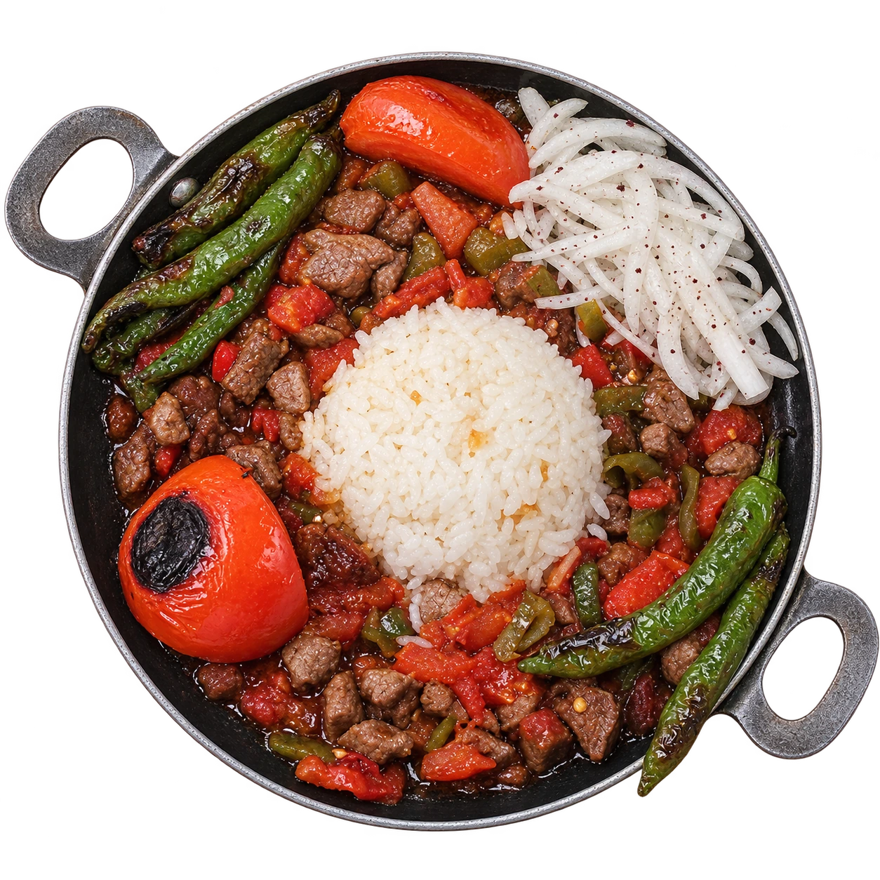 Fleischpfanne mit Reis, gegrillten Paprika, Tomaten und Zwiebeln