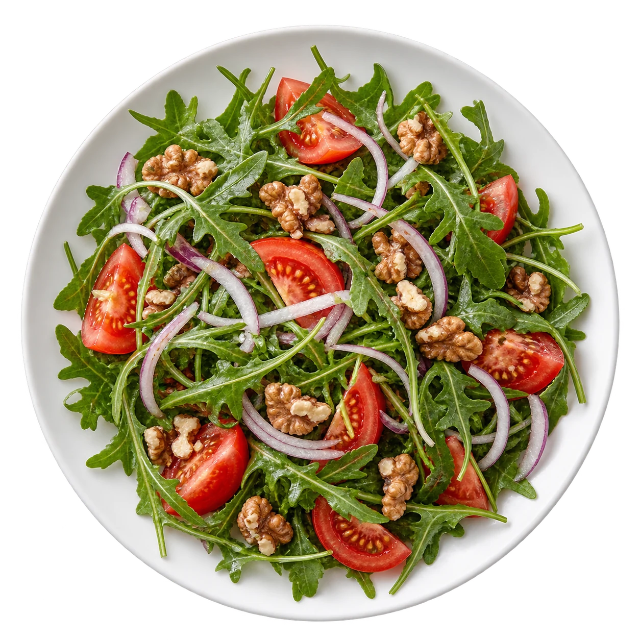 Rucola Salat mit Walnüssen, Tomaten und Zwiebeln